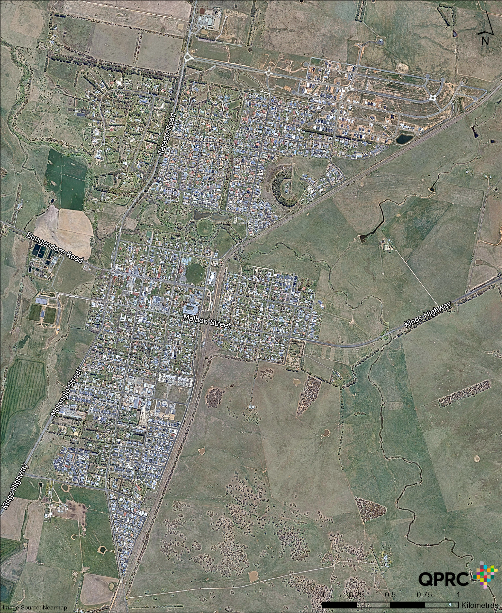 Bungendore - October 2025: A satellite image of the town of Bungendore, October 2025.