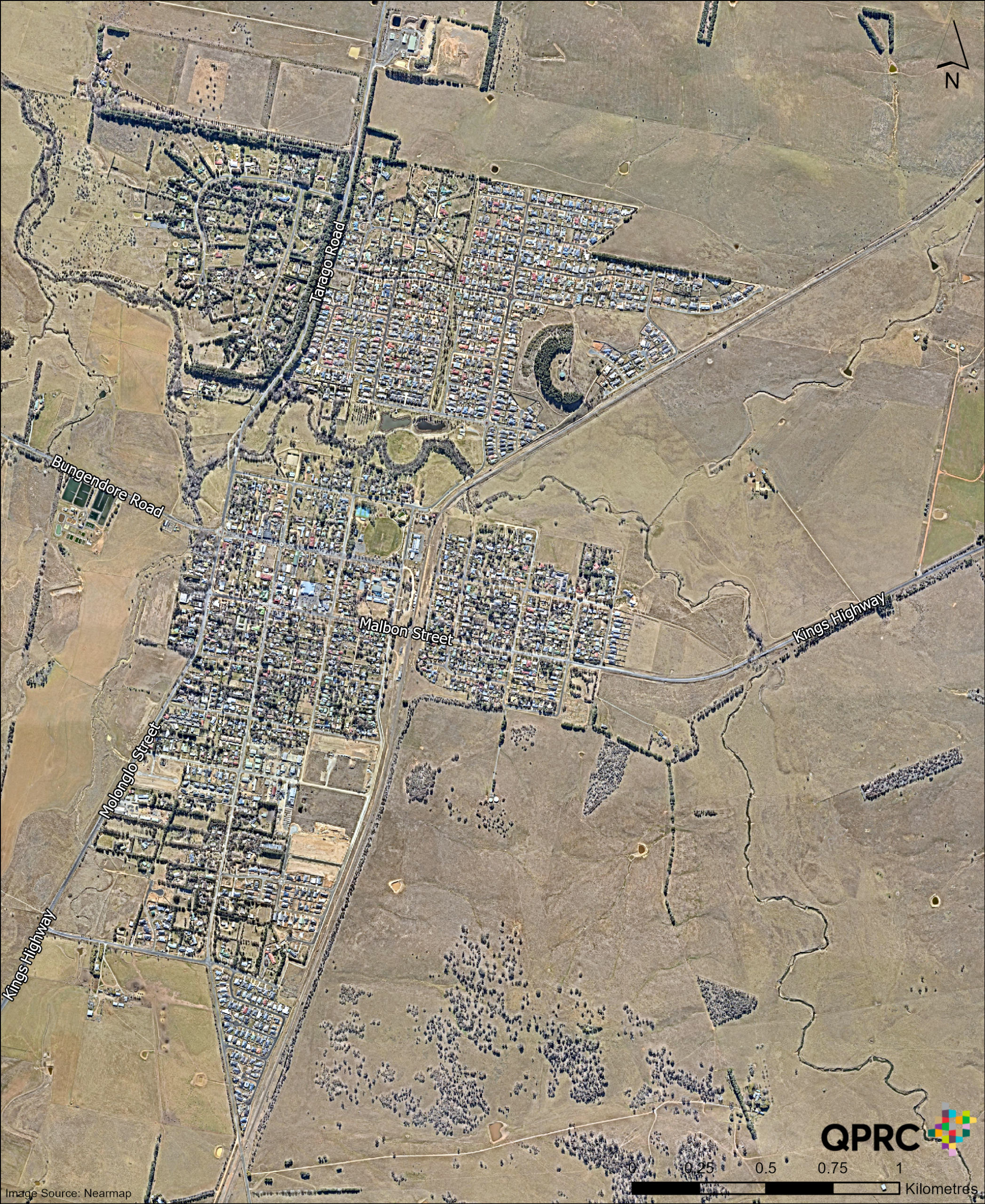 Bungendore - July 2017: A satellite image of the town of Bungendore, July 2017.